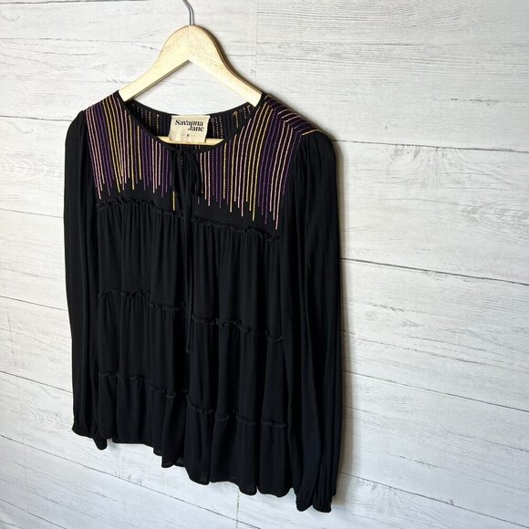 Savanna Jane Blouse Womens Size Medium Black Tiered Colorful Embroidered Stripes - Picture 4 of 15